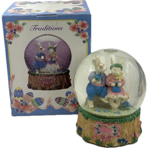 Vtg Easter Musical Snowglobe Mr & Mrs Rabbit Bunny Love Works Hand Painted VIDEO - Picture 1 of 12